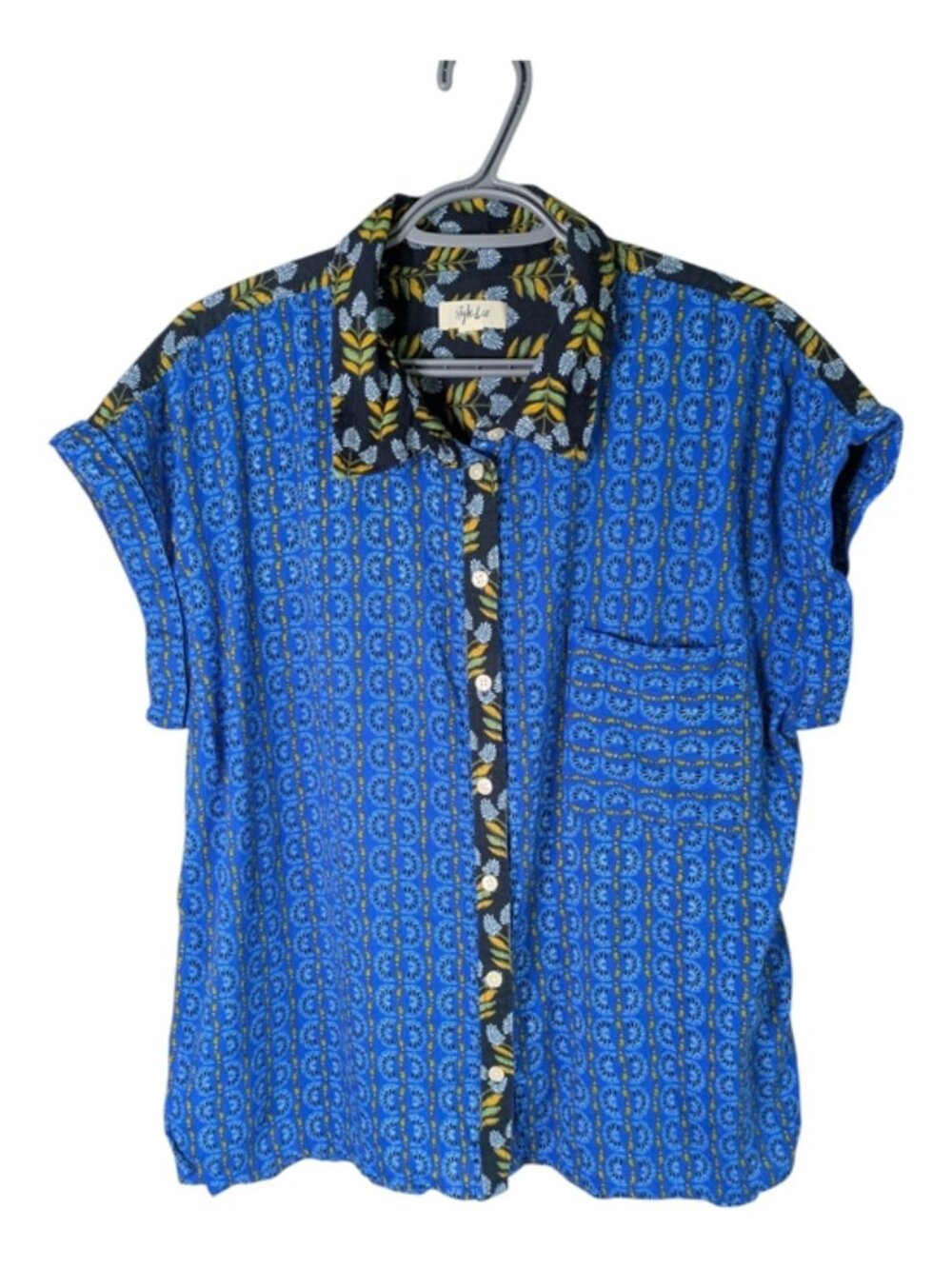 Style & Co Mixed-Print Button-Up Blouse Royal Blue Yellow Floral Size XL